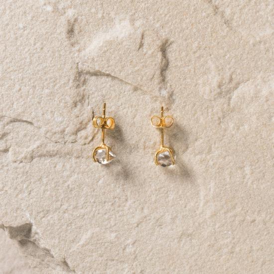 Herkimer Diamond Earrings - Fine handmade stud crafted around a raw Herkimer Diamond. Each Herkimer Diamond is left in its natural raw state with their own unique shape. Finely handcrafted brass, plated with the finest 18K gold plating.